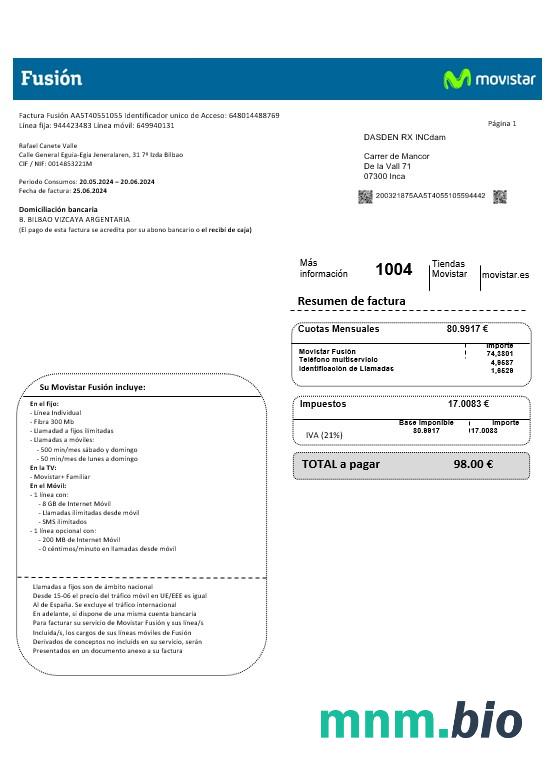 Hiszpania Movistar Fusion Telecom operator rachunek za usługi komunalne dokument w formacie Word i PDF